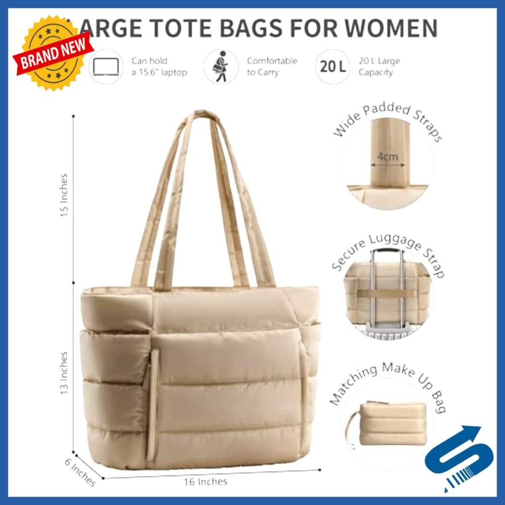 Lightweight Puffer Tote Bag with Laptop Sleeve and Tumbler Holder - Picture 3 of 7